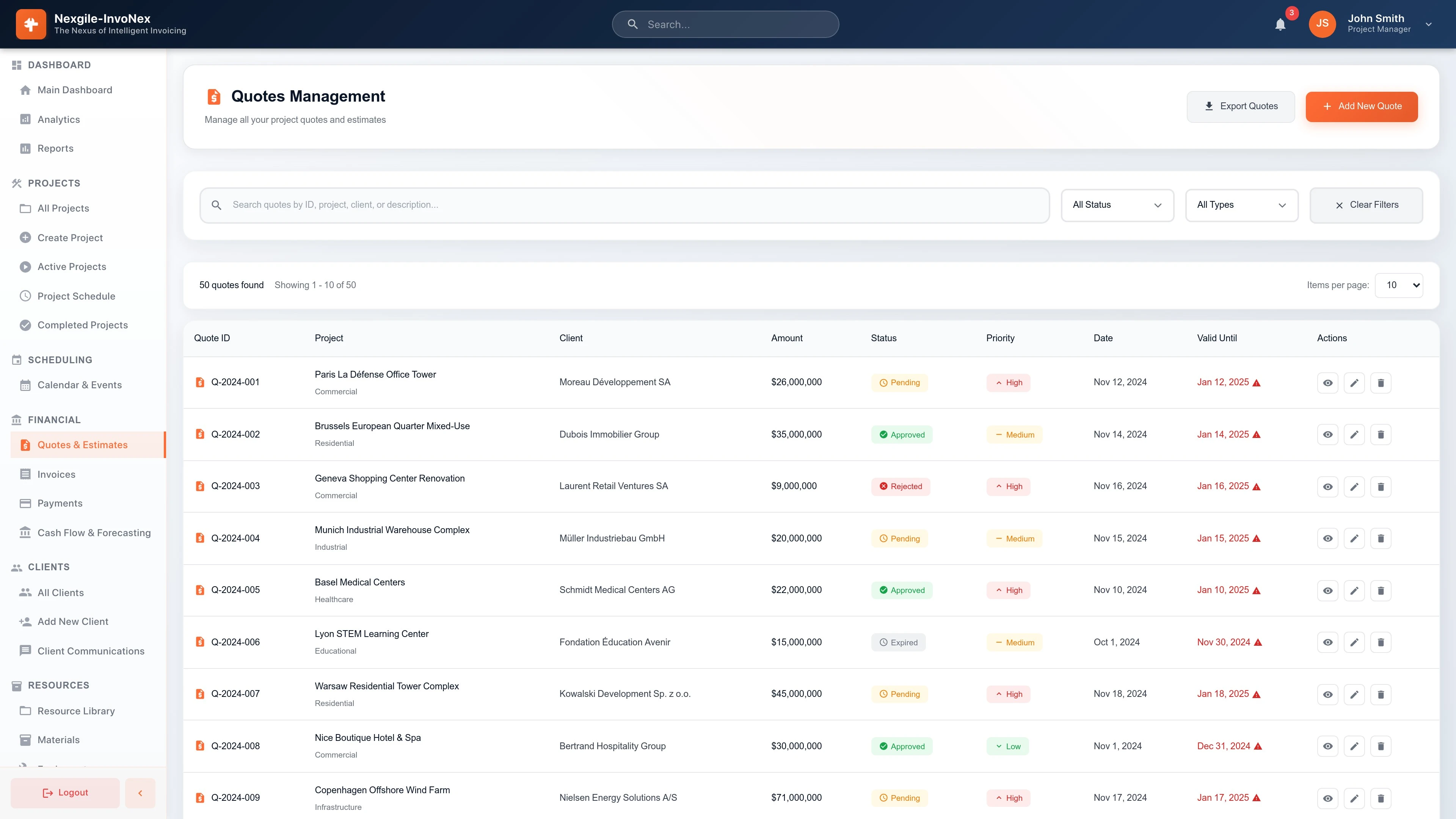 Illustrative preview (sample data, not verified outcomes): Quotes Management Dashboard - AI-powered quotation generation interface